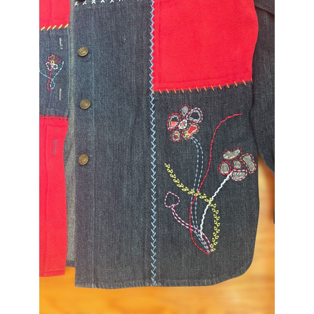 Patchwork Embroidered Denim Shirt Boho Folk Art Button Up Artsy Top Sz S Petite - Picture 14 of 15